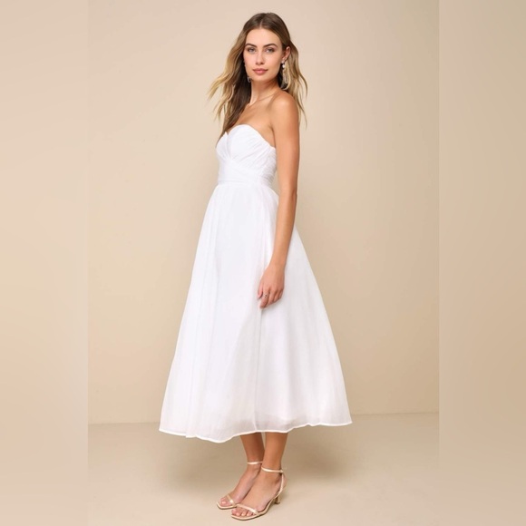 NWOT Lulus Fairytale Design White Organza Strapless A-Line Midi‎ Dress - Picture 3 of 6